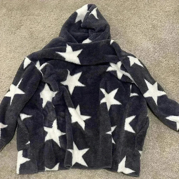Super Star SHEIN Blanket like Sweater Hoodie White Stars on Navy/Grayish Color - Picture 3 of 7